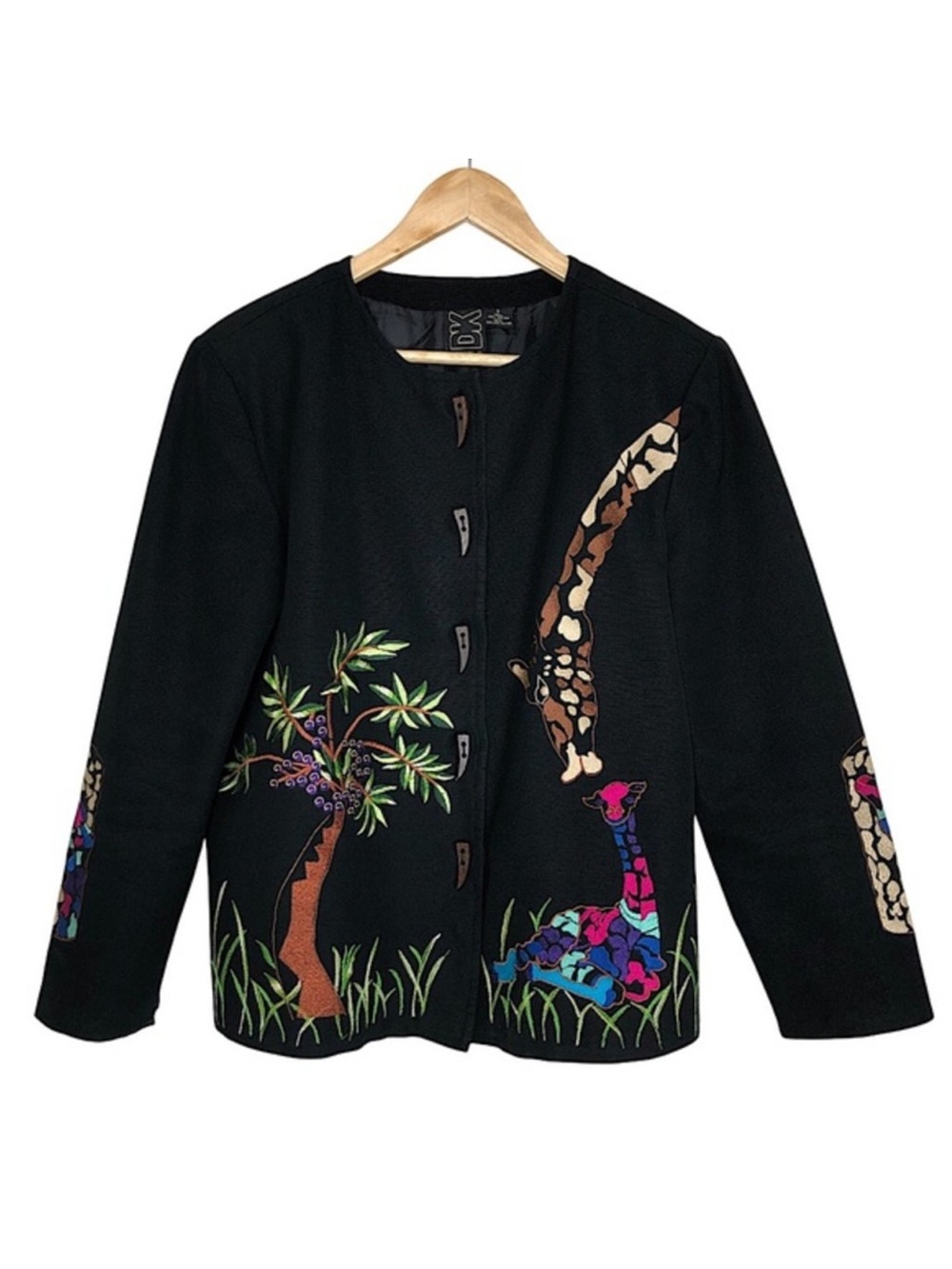 Daniel K. 90s Vintage Cotton Black Colorful Embroidered Giraffe Lined Jacket S